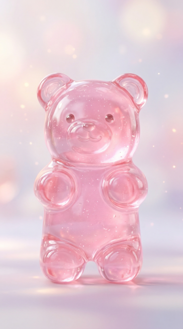 一只3D立体的透明粉色小熊软糖，晶莹剔透带有软糯光泽，质感Q弹，软萌可爱，精致细腻的3D渲染效果预览效果