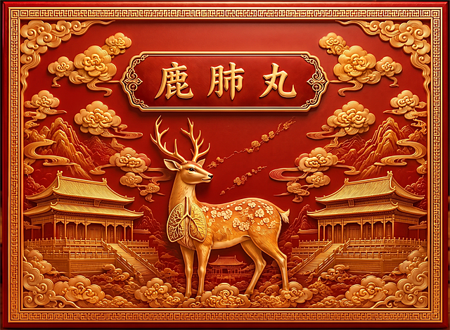 四个角落的格子纹理去掉，去掉后用祥云填充，整体协调度舒服一点，背景稍微平整一点，鹿肺丸文字放大2倍，“御方秘制”去掉，鹿肺丸上面的祥云去掉，留出放logo的位置