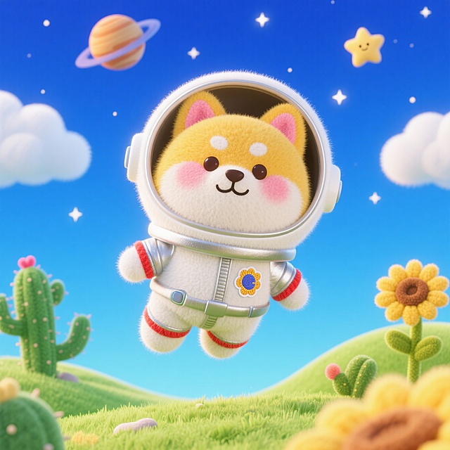 一只黄色柴犬穿着白色宇航服，耳朵从宇航头盔中露出来，粉色红晕，呆萌的豆豆眼。身穿银色和白色的宇航服，服装上有潮流贴纸的刺绣，精致，悬浮在空中；背景是渐变蓝色天空，白云，繁心点点，星球，星星悬浮在周围，弧形的绿色草地，仙人掌，向日葵造型的植物点缀，治愈，可爱，多巴胺配色，高纯度。