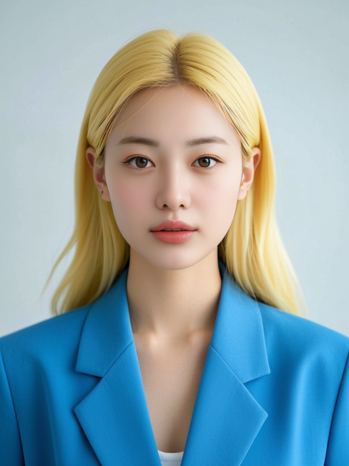 女生，白底证件照，蓝色西装，正面预览效果