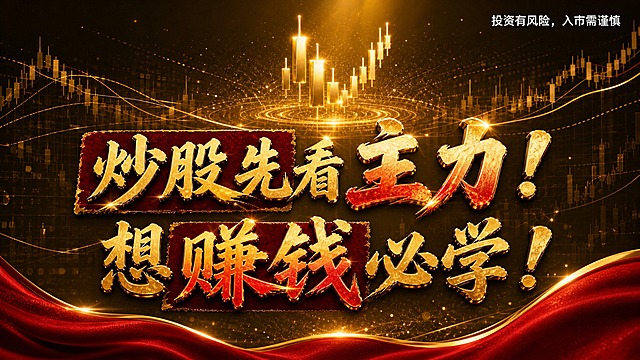 参考图风格：黑金高端金融海报风格，深金色渐变背景，中央金色K线组合呈强势上升形态，周围金色均线和实盘数据曲线，金色粒子和光晕环绕，底部红色绸缎波浪金边装饰，奢华金融质感。画面中央两行大标题文字，第一行"炒股先看主力！"，第二行"想赚钱必学！"，标题为金色立体书法大字，带有红色印章式底纹装饰，"主力""赚钱"关键字用更亮的金色和红色点缀突出，标题字体配色多样且和谐。右上角白色小字风险提示："投资有风险，入市需谨慎"。除标题和风险提示外不添加其他文案内容。16:9横版，公众号封面，高清大气。
