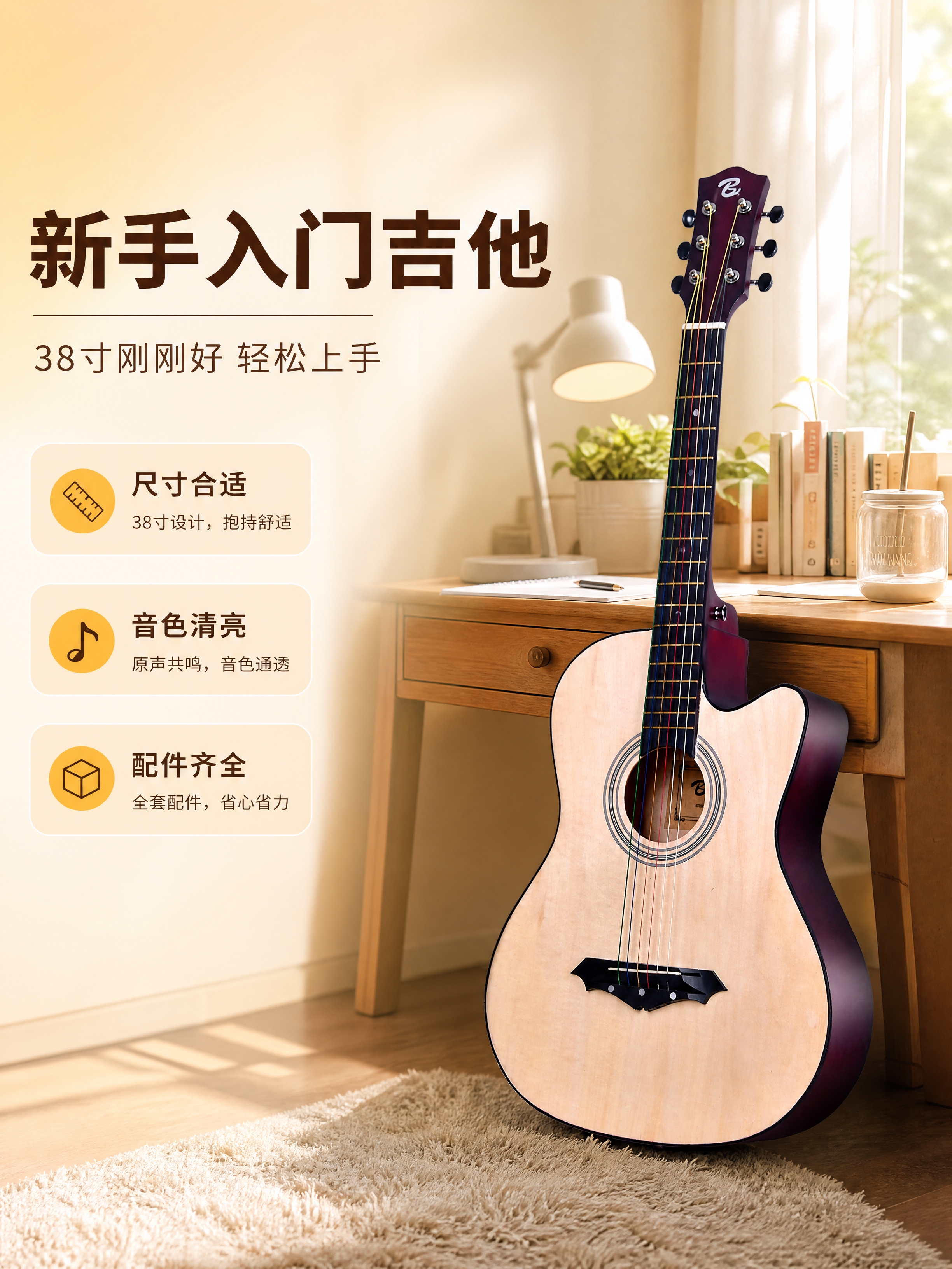 [商品] 使用【图2】38寸木色吉他；保留原木色琴身、缺角造型… - 图片创意预览