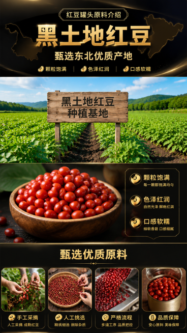 红豆罐头原料介绍，黑土地红豆种植基地，展示颗粒饱满、色泽红润的红豆，文案为黑土地红豆 甄选东北优质产地，特点：颗粒饱满、色泽红润、口感软糯，甄选优质原料 手工采摘 人工挑选 严格流程，黑金配色搭配农产预览效果