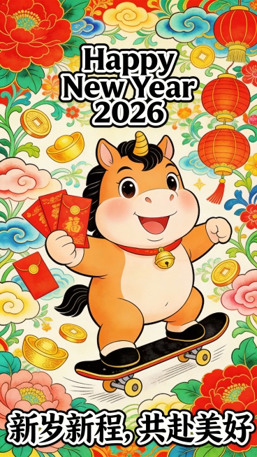小马开心的拿着红包玩滑板，身旁还有红包、金币、灯笼等新年相关元素，潮流插画，轮廓描边，上方有英文 “Happy New Year 2026”，下方配有中文 “新岁新程，共赴美好”，采用了波普风的设计，预览效果