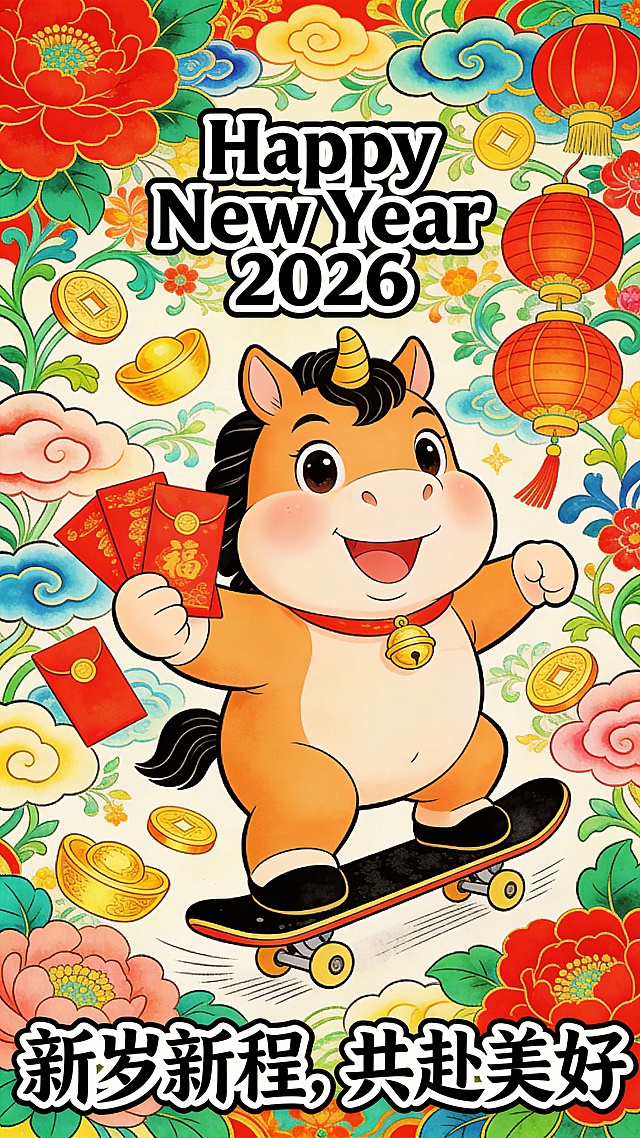 国潮风插画，拟人化萌马踩滑板送红包，融合传统花卉与灯笼元素，卡通可爱，喜庆印刷感十足，贺2026新春。