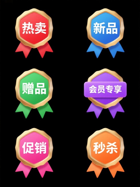 六个不同颜色（如红色、蓝色、绿色、紫色、橙色、粉色）的促销标签集合，每个标签保持与原图一致的金属质感、徽章式设计和丝带装饰元素，标签文字分别为“热卖”、“新品”、“赠品”、“会员专享”、“促销”、“秒杀”，白色纯色背景，标签呈规整的2x3网格排布，每个标签色彩鲜明且统一，金色边框与文字在彩色背景上形成强烈对比，整体保持高端、精致的视觉风格，适合电商促销活动使用。预览效果