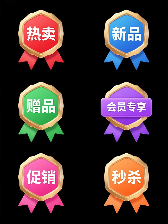 六个不同颜色（如红色、蓝色、绿色、紫色、橙色、粉色）的促销标签集合，每个标签保持与原图一致的金属质感、徽章式设计和丝带装饰元素，标签文字分别为“热卖”、“新品”、“赠品”、“会员专享”、“促销”、“秒杀”，白色纯色背景，标签呈规整的2x3网格排布，每个标签色彩鲜明且统一，金色边框与文字在彩色背景上形成强烈对比，整体保持高端、精致的视觉风格，适合电商促销活动使用。