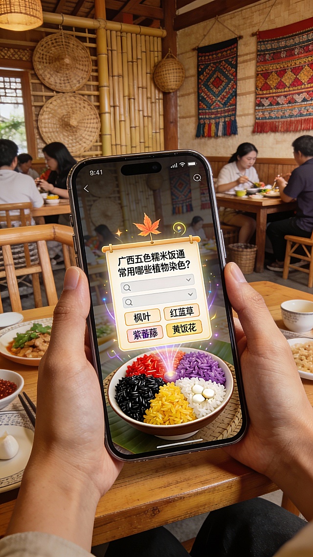 制作一个真人画面，是一个游客在手机上打开一个AR特效拍了广西的五色糯米饭，结果触发了风物知识问答互动