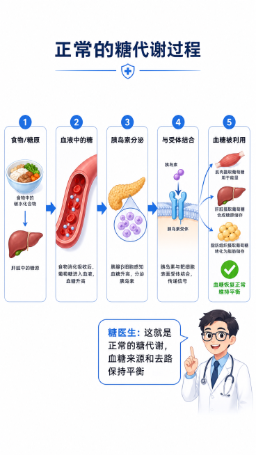 科普医疗流程图，主题为正常的糖代谢。画面展示流程：食物/糖原 → 血液中的糖 → 胰岛素分泌 → 与受体结合 → 血糖被利用，在最后一步标注✅。风格为清晰简约的医疗科普流程图，搭配清晰文字标注，右下角预览效果
