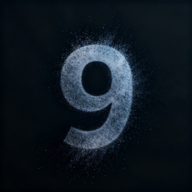 数字"9"由消散的粒子构成，粒子从中心向四周扩散出效果，数字居中放置，画面四周留出大量空白，深色简约背景，科技感，粒子效果精致预览效果