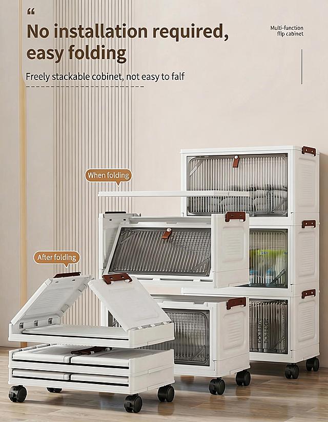 Remove the top layer of the four-layer storage cabinet to become a three-layer storage cabinet, keep all English text and original picture style unchanged, adjust the overall layout to be natural and coordinated