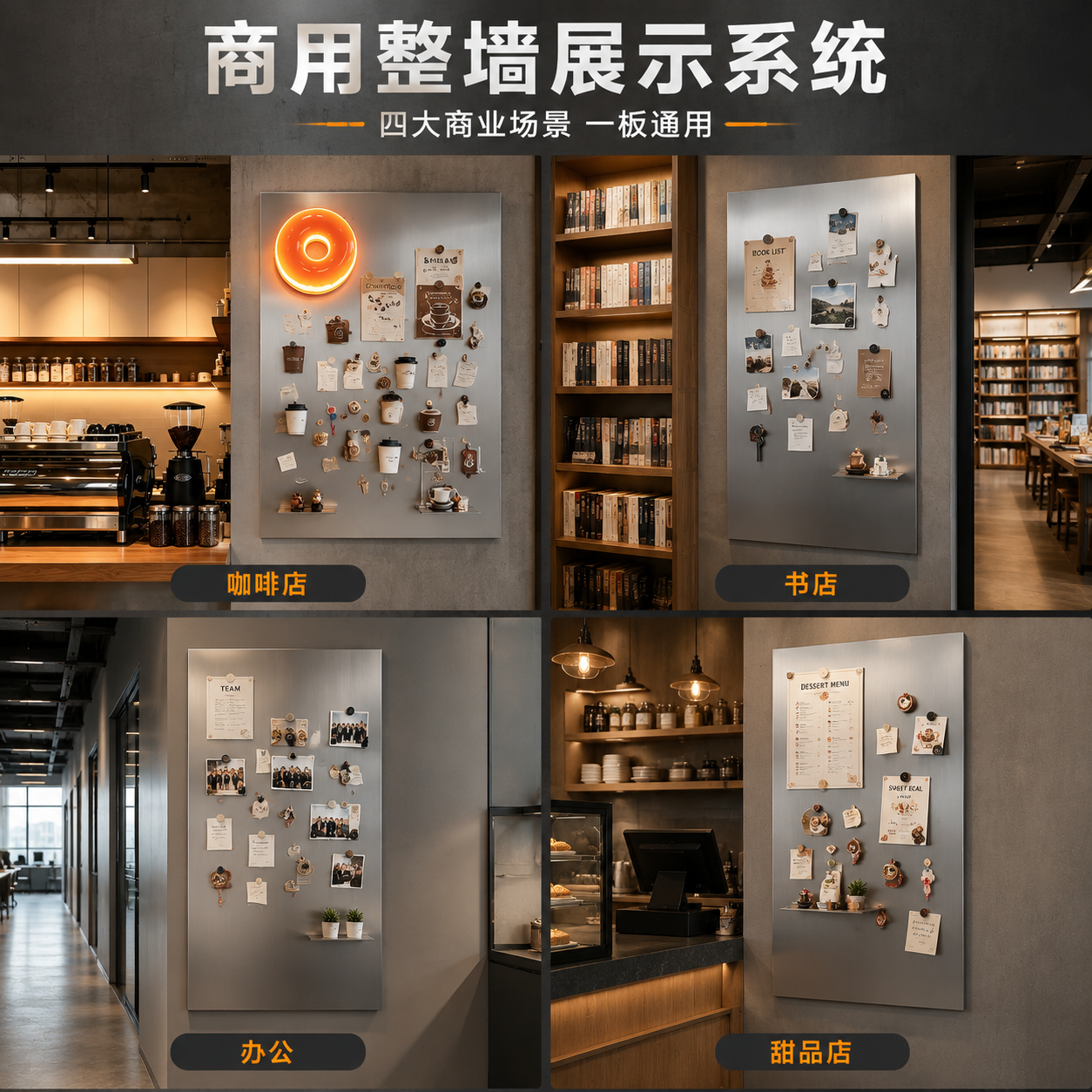 [主图-4] 商用场景应用图，展示不锈钢磁吸珐琅板在咖啡店、书… - 图片创意预览