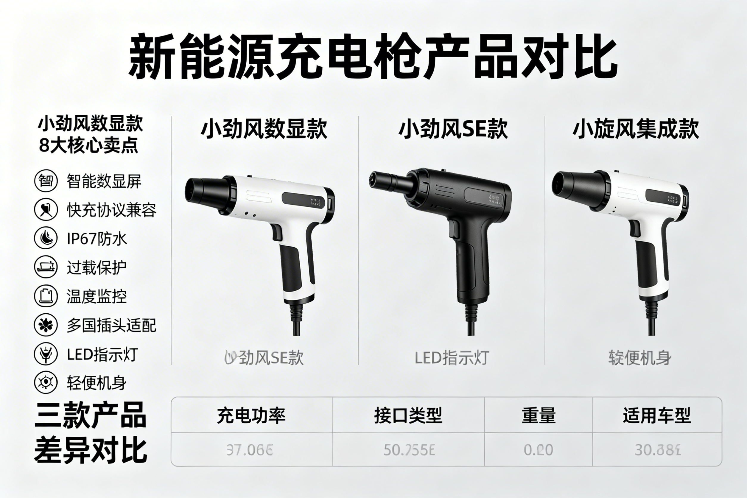 生成新能源充电枪产品对比图，包含小劲风数显款、小劲风SE款、小… - 图片创意预览