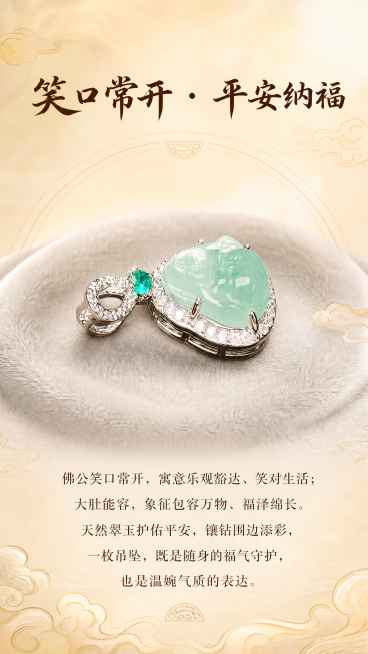 [第4屏] 寓意升华页，云翠宝仓非洲翠镶嵌款小佛公吊坠美好寓意展示。
[氛围/风格] 温婉吉祥国风，温润暖调，东方祈福氛围，高级雅致质感。
[元素布局] 吊坠放置在画面中心，采用45度斜侧视角展示，放预览效果