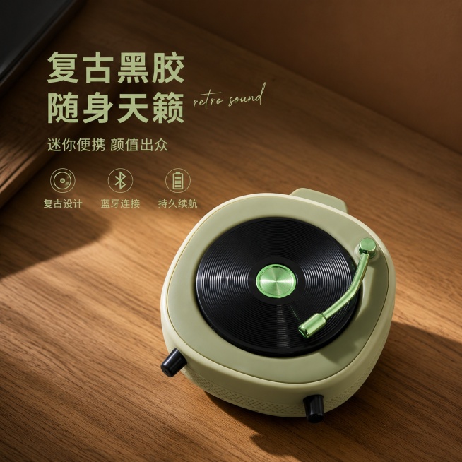 [单张主图] 复古黑胶造型蓝牙音箱，走高级氛围感主图路线，展现产品设计感和品质调性。
[参考比对] 参考图采用暖棕复古风格，俯视斜拍，原木桌面背景，自然光影突出产品质感，产品主体清晰，没有多余元素干扰预览效果