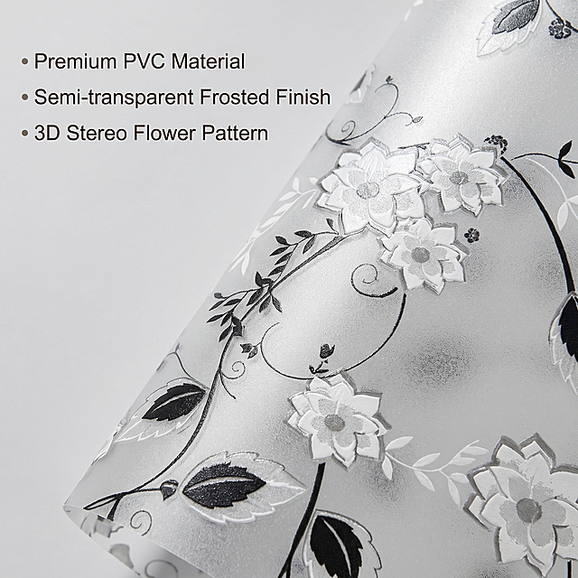 [Main Image 3] Material detail close-up of high quality PVC electrostatic frosted window film, showing 3D three-dimensional flower pattern.  [Aura Style] Professional detail display, clear texture, high-end texture. [Quality] Macro commercial photography, extremely clear detail performance, true material texture reproduction. [Elements] Super close-up of the local area of the window film, focusing on the layered texture of the 3D flower pattern and the frosted matte surface, clearly show the complex flower wiring and three-dimensional embossing feeling, highlight the 3D visual effect. Keep the product pattern and material consistent with the original image, no distortion. Simple and clean background, focus on product material details. Text labels in English on the left: • Premium PVC Material • Semi-transparent Frosted Finish • 3D Stereo Flower Pattern. The text is clear and does not cover the product main body. [Lighting] Soft side light, highlight the material texture and 3D layering, the light is even and transparent. [Color matching] Main tone consistent with original black and white pattern, text uses dark color on light background, high contrast, clear reading. [Perspective Composition] Macro front perspective, focus on details, full frame composition. [Proportion Resolution] 1:1 square, 2048x2048 resolution, ultra clear. [Negative prompt] Deformed product, blurred texture, watermark, text error, false 3D effect, extra decorations, Chinese characters, marketing slogans, messy background.