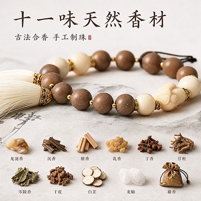 [主图-2] 核心亮点展示，突出十一味天然香材古法合香的材质与工艺价值。
[统一基调] 高级国风 中式素雅 干净极简白色背景 柔和自然光 浅景深 8K高清 商业静物摄影 细节细腻 柔和阴影 画面留白充足 无多余杂物 书法感国风字体 米白主色调 浅棕点缀。
[画面] 产品为图中药香珠手串，特写展示棕色药香圆珠的细腻纹理与材质质感，手串部分环绕摆放，重点突出3-4颗药香珠的微距细节。画面下方有序排列十一味天然中草药原料的小份样本：龙涎香结块、沉香木片、檀香木条、乳香树脂、丁香花蕾、甘松根茎、零陵香叶、丁皮碎片、白芷片、龙脑晶体、麝香囊，每种香材旁用极小的国风宋体标注名称，整齐排列在浅水墨宣纸上。背景干净纯白。
[光影质感] 柔和侧光突出药香珠表面的细微颗粒质感与温润光泽，香材样本纹理清晰，阴影柔和自然，浅景深突出前景药珠。
[配色] 整体米白、浅棕、深棕、金色点缀，背景纯白，水墨宣纸浅灰。
[文字版式] 画面上方横排主标题"十一味天然香材"，下方副标题"古法合香 手工制珠"，深棕色纤细国风字体，位于画面上方留白处，不遮挡产品。
[输出要求] 1:1正方形比例 2048*2048 文字清晰可读 产品清晰 无变形 无错字 无模糊 无杂乱 无水印 无平台Logo。