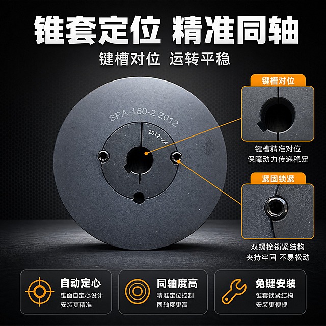 [主图-6] 卖点图任务：以锥套定位精准为核心卖点，展示键槽对位与同轴精度。
[统一基调] 风格=工业风专业商业摄影；背景主色=深灰黑渐变；标题字色=白色粗黑体；辅助字色=浅银灰；强调色=金属橙（仅用于图标、引线与高亮标签）；字体样式=无衬线粗体；卡片样式=深色半透明圆角卡；图标=简洁工业线性图标；光影=侧前上方硬朗工业光。
[画面] 使用【图1】SPA-150-2 2012锥套式皮带轮正面图，主体居中占画面约65%，保持正视线视角以突出中心孔、键槽与锥套分体锁紧结构；右侧用橙色细引线连接2个局部放大框，分别放大键槽对位处和前套紧固螺栓位；背景为深灰黑径向渐变加金属网格纹理；产品下方有自然接触影。产品外观、轮廓比例、锥套结构、螺栓孔位置、键槽形状和表面转灰色涂层与输入图一致，轮体上原有的“SPA-150-2 2012”与“2012-24”刻字保留、不改写、不新增。
[光影质感] 主光从正上方偏前打来，圆形端面亮度均匀，金属高光干净，中心孔内部阴影自然，局部放大框光线与主画面一致。
[配色] 背景深灰黑为主，产品保持原有转灰铸铁本色，引线与放大框描边用金属橙，主标题白色，说明文字浅银灰。
[文字版式] 主标题“锥套定位 精准同轴”白色大字，副标题“键槽对位 运转平稳”浅银灰小字；底部3个短标签“自动定心”“同轴度高”“免键安装”；文字均为横向排版，放于主体外围留白区，不遮挡中心孔、键槽和刻字。
[输出要求] 比例1:1正方形，4K，文字清晰无错字，产品不变形不变色、刻字不被修改，无水印、无平台Logo、无浅蓝原背景残留。