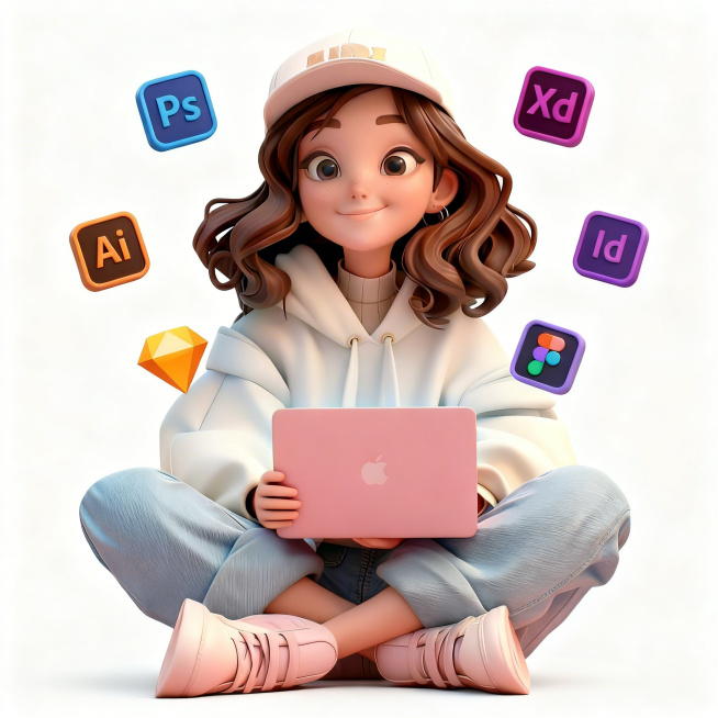 完全去除画面中所有圆点和星星点缀装饰，参考上传图片中的Sketch图标，将现有的Sketch图标修改为参考图里的橙色钻石造型，保持其他设计图标不变，图标不遮盖人物，保留人物整体3D卡通造型，整体风格统预览效果