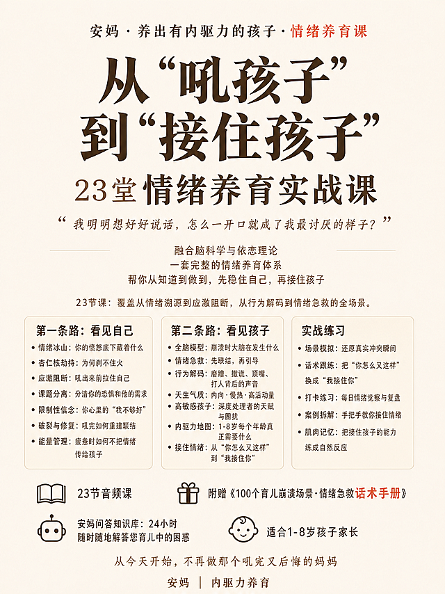 修改现有海报，将主标题下方的“23堂情绪养育实战课”中的“情绪养育实战课”文字调整为更深的颜色并适当放大，突出该重点内容，其他内容和排版保持不变，整体风格还是温暖、留白充足、简洁专业。