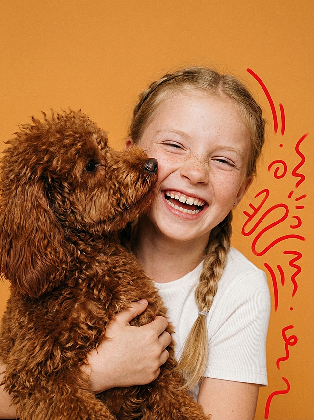 一个笑容灿烂的德裔年轻小女孩抱着一只棕红色的泰迪犬，狗狗亲昵地把鼻子凑到她的脸颊旁，仿佛正在轻嗅或舔舐她。女孩眯起眼睛，嘴巴大张露出牙齿，笑得格外开怀，能明显感受到她沉浸在与宠物互动的幸福里。画面右侧的红色涂鸦线条，为这份温暖的日常增添了一丝活泼的艺术感。整体氛围轻松又充满爱意，完美展现了人与宠物之间亲密无间的陪伴与快乐。橙色底色
