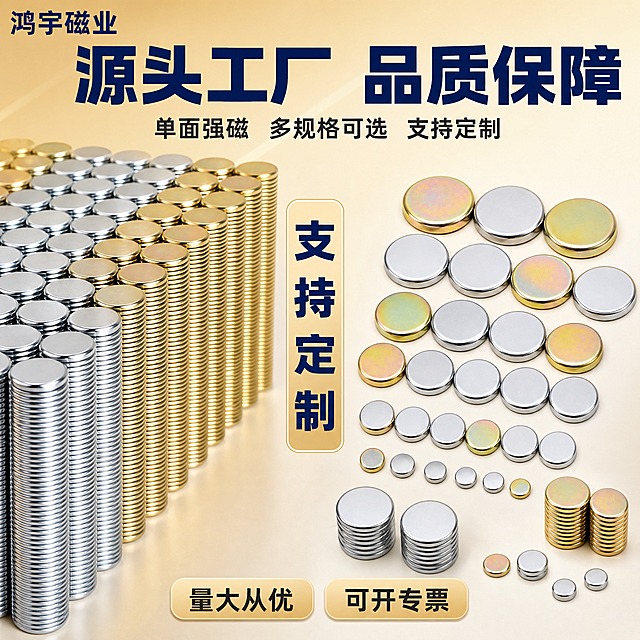 [主图-2] 单面磁 源头工厂实力图，展示批量生产和多颜色多规格。
[统一基调] 蓝金工业品质风格，米金色渐变背景，深蓝色主标题，浅金色辅助标签，白色说明文字，粗黑体字体，整体专业可信的源头工厂质感。左上角用文字写"鸿宇磁业"，不加任何图形logo。
[画面] 画面采用左右分栏布局，左侧展示大量圆形单面磁铁堆叠成柱的阵列（金银两色），体现产能和实力；右侧展示多规格多颜色的磁铁产品阵列。中间有"源头工厂"大字标识和"支持定制"标签。背景是柔和的米金色渐变，整体协调统一。左上角文字"鸿宇磁业"。
[光影质感] 工业摄影质感，左侧产品阵列有整齐的金属光泽和层叠阴影，右侧产品有清晰的金属质感，整体专业大气。
[配色] 背景为米金色到浅米色的渐变，主标题深蓝色，辅助说明文字用深灰色，产品保持银色/金色金属本色，整体暖色调协调。
[文字版式] 顶部深蓝色粗体大字写"源头工厂 品质保障"，下方小字写"单面强磁 多规格可选 支持定制"，底部有浅金色标签标注"量大从优 可开专票"，字体统一为现代粗黑体，文字放在负空间不遮挡主体。
[输出要求] 1:1正方形比例，2K分辨率，场景真实自然，文字清晰可读，无变形、错字、模糊、水印、平台Logo。