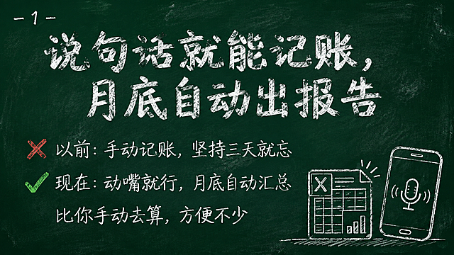 黑板报风格，深绿色黑板背景带粉笔灰纹理，白色粉笔字效果。横屏16:9。左上角白色小号粉笔字写着编号"- 1 -"。页面中间偏上是大标题白色粉笔字"说句话就能记账，月底自动出报告"。标题下方是内容白色粉笔字分三行：第一行"以前：手动记账，坚持三天就忘"前面带红色叉号，第二行"现在：动嘴就行，月底自动汇总"前面带绿色对勾，第三行"比你手动去算，方便不少"。右下角有简单线条小插图：一个Excel表格图标和一部手机，手机上有语音波纹图标。整体粉笔手绘质感。