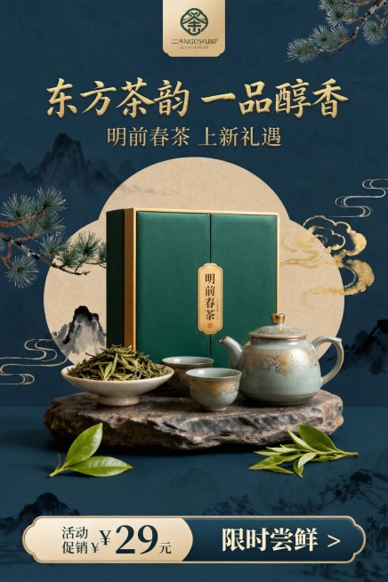 将新中式茶叶海报升级为高端质感，茶叶产品采用高端礼盒包装，搭配描金工艺的汝窑茶具，背景用暗调黛青色山水纹理，点缀鎏金云纹和银毫茶叶细节，字体采用烫金书法字体，整体色调沉稳雅致，突出高级感和轻奢东方美学预览效果