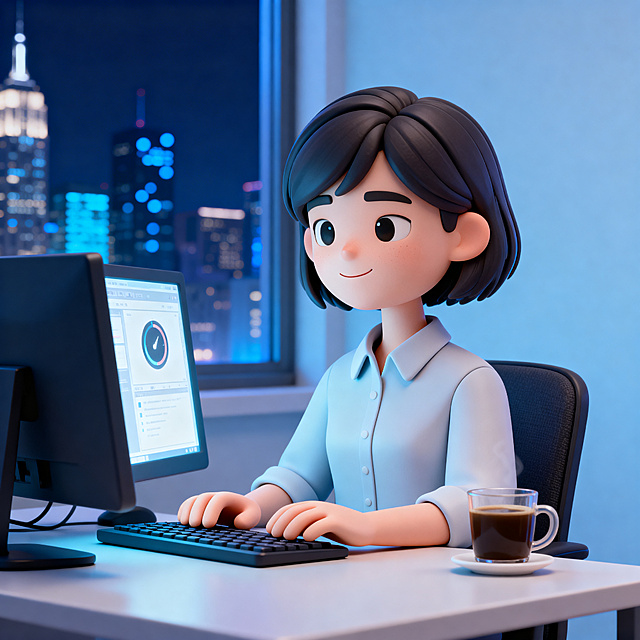 沉稳可靠的年轻中性形象人物，短发利落，穿着简约衬衫，坐在深夜办公室的桌前。电脑屏幕显示项目进度，旁边放着一杯已凉的咖啡，人物双手平稳放在键盘上，表情平静从容，嘴角带一丝淡淡微笑。身后窗外是繁华的城市夜景。背景为极简纯色，淡蓝色渐变搭配电脑冷白光与窗外深蓝色点缀，整体氛围沉稳镇定。趣味3D插画风格，C4D渲染，OC渲染，Blender建模，柔软光线，马卡龙色系，光滑黏土材质，影棚打光，超细节，人物居中半身呈现