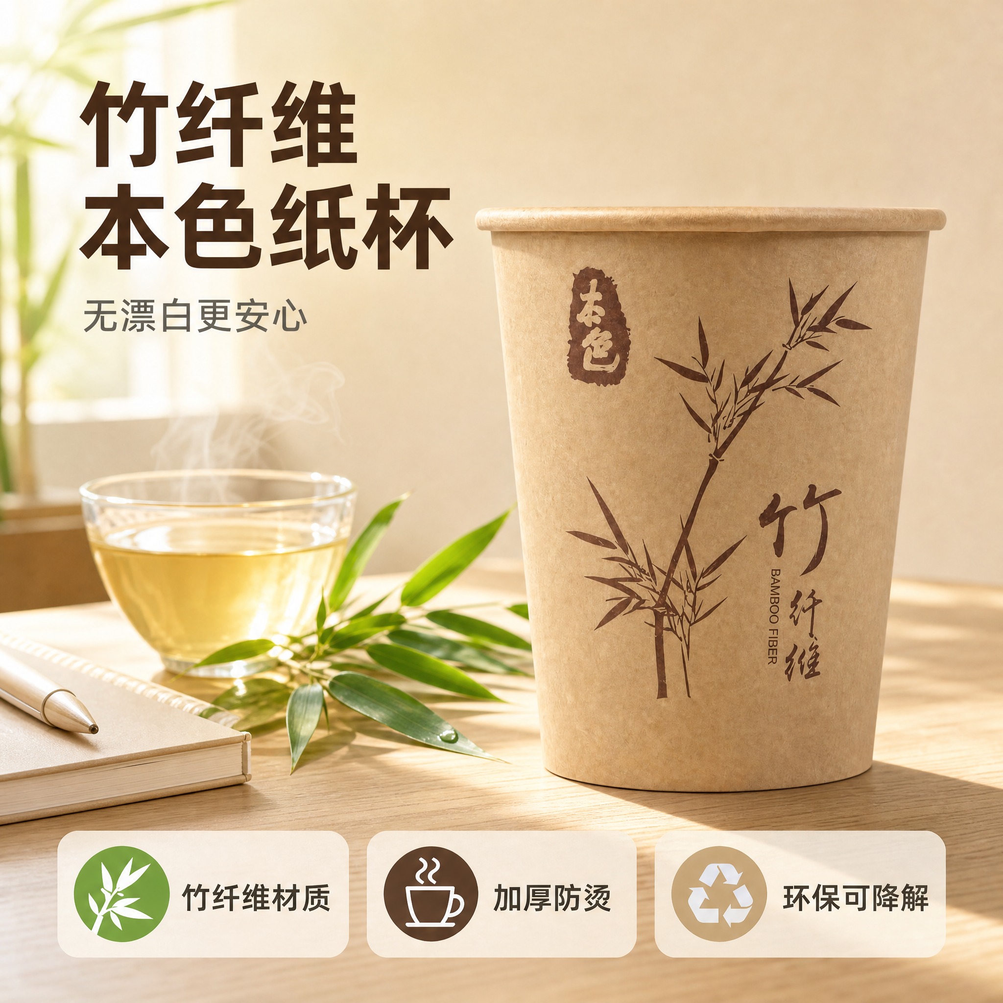 [主图-1] 竹纤维本色一次性纸杯首图，突出产品识别与购买欲，… - 图片创意预览