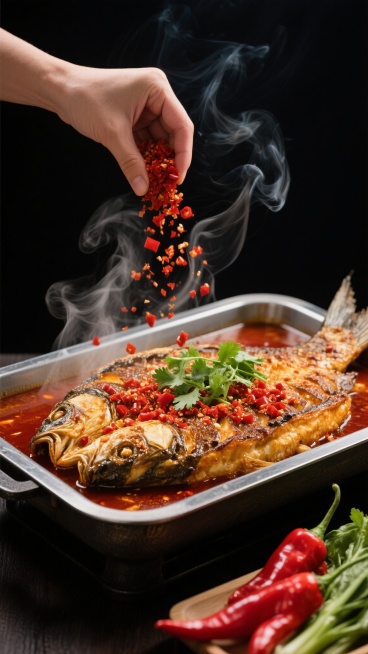 一张美味烤鱼的特写美食摄影，采用深色背景突出主体，高对比度光影，鱼身金黄焦脆，表面覆盖鲜红的辣椒碎和翠绿的香菜点缀，热气腾腾，烟雾缭绕，一只手正将红色的辣椒碎撒向烤鱼，辣椒碎在空中飞舞，金属烤盘中汤汁翻滚，旁边放有新鲜的红辣椒和绿色蔬菜，整体色调以红、金、黑为主，营造出诱人、热辣、鲜香的氛围，构图聚焦于烤鱼，细节清晰，质感丰富，充满食欲。预览效果