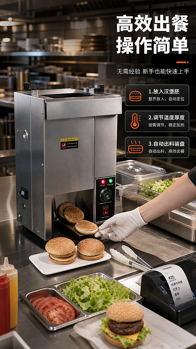 [商品] 使用【图1】立式全自动汉堡机实物场景图；保留产品整体结构、不锈钢机身、控制面板、出料口汉堡胚、白色长盘与汉堡、白色食物夹；产品图片不做任何改变，仅扩展场景与添加人物动作。
[画面] 目标：商用后厨真实出餐场景，展示操作便捷性与高效出餐。构图：产品位于画面中央偏左，占画面约50%，右侧加入一只戴白色食品手套的手正在从出料口取汉堡，背景扩展为完整商用厨房场景（不锈钢操作台、置物架、食材盒、点餐小票机等）。前景有正在制作的汉堡半成品，后景虚化厨房环境。
[视觉] 套系策略：风格=商用工业风专业商业摄影；标题字=粗黑无衬线黑体；正文字=简洁无衬线中黑体；主色=不锈钢银灰+深炭灰；背景延展=基于深炭灰做深浅层级、金属质感渐变和不锈钢纹理；强调色=暖橙红色，仅用于小面积图标、引线、标签和重点数字高亮；标题色=白色（叠加在场景暗部）；正文色=浅灰色；组件=半透明深色信息卡、细线引线、图标+文字组合；光影=厨房暖黄色主光，金属高光自然，人物手部光线清晰。
[文字] 画面右上角主标题"高效出餐 操作简单"，副标题"无需经验 新手也能快速上手"。下方3个操作步骤标签：1. 放入汉堡胚；2. 调节温度厚度；3. 自动出料装盘。文字全部横向排版，不遮挡产品主体。
[规格] 图片比例9:16竖版，4K，避免变形、错字、文字过小、产品结构改变、人物面部出现、冷蓝背景。