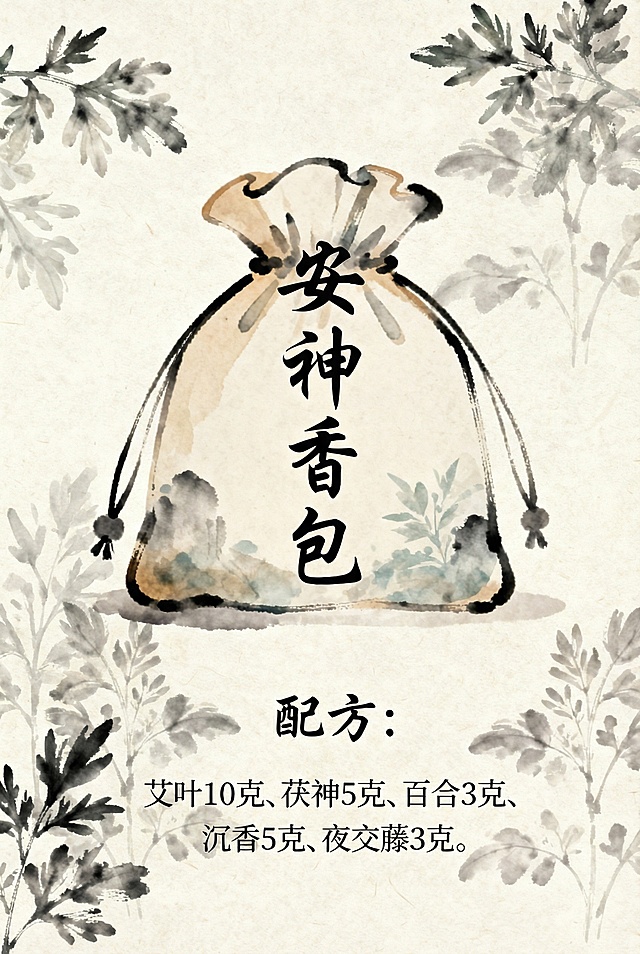 安神香包 艾叶10克
茯神5
百合3
沉香5
夜交藤3