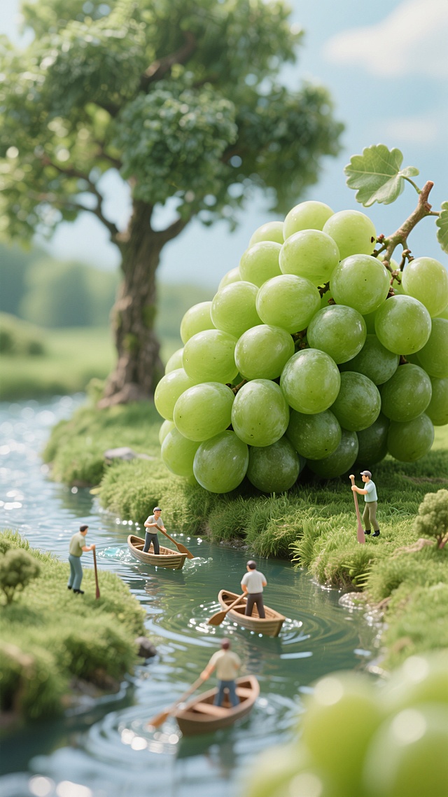 以青提子做树，巨大的青提做山，草坪，青提汁成为河流，里面有几个小人在划船