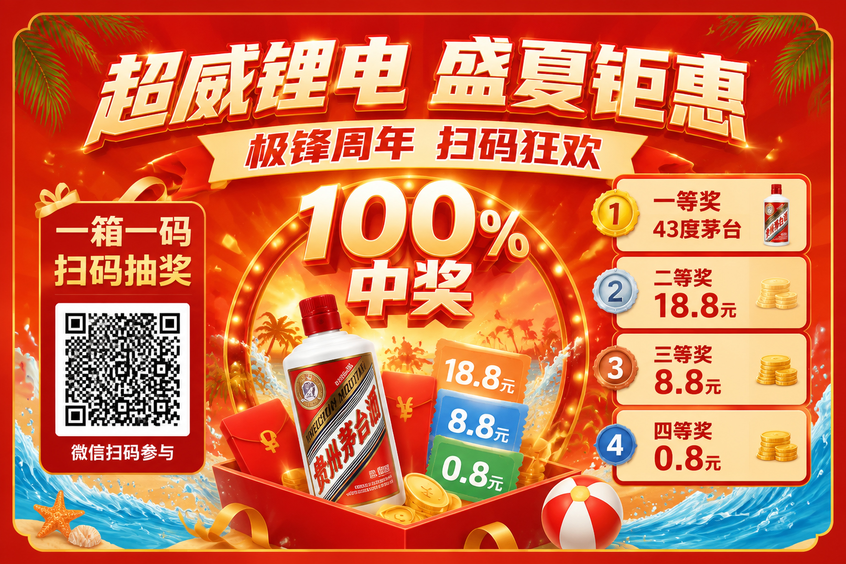 我要做6*4厘米的抽奖贴纸，主题为：超威锂电盛夏钜惠|极锋系列… - 图片创意预览