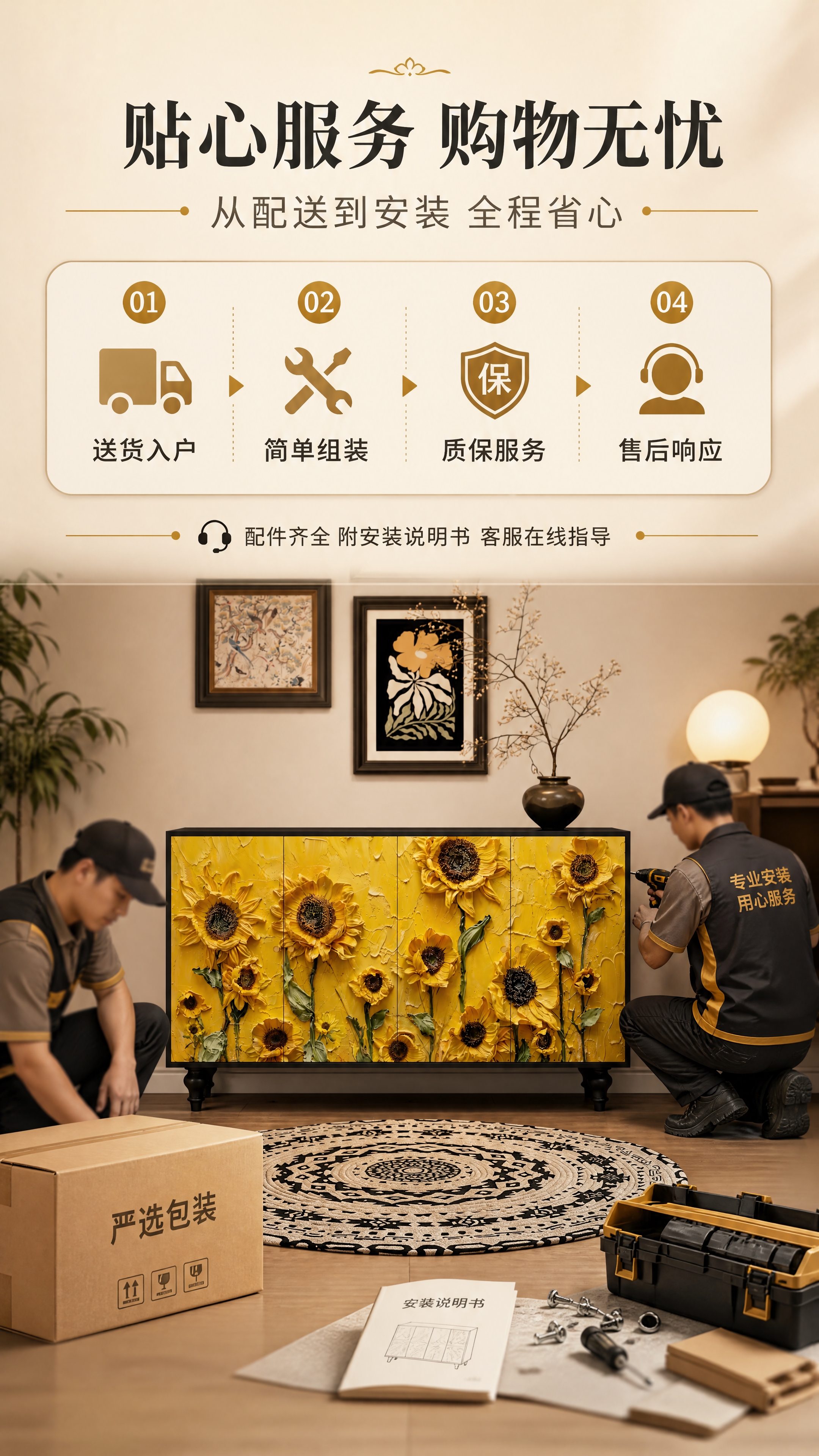[商品] 使用【图1】梵高向日葵立体浮雕四门玄关柜；保留外观、… - 图片创意预览