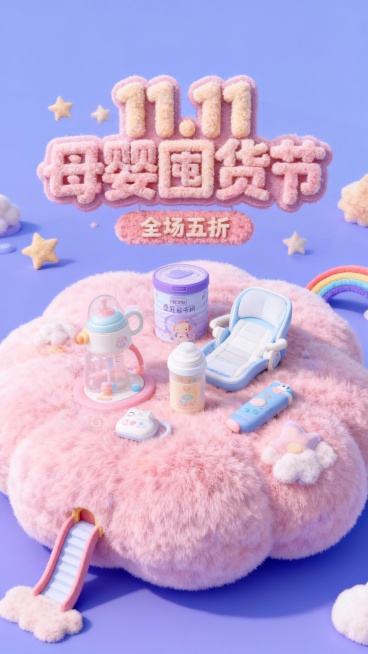 放大的物品悬浮或摆放在巨大的3D粉色毛绒云朵上，背景大字标题“11.11 母婴囤货节”毛绒艺术大字位于画面上方，毛绒小字标签“全场五折”位于标题下方，毛绒可爱元素装饰（星星、彩虹滑梯），轻微俯视镜头，预览效果