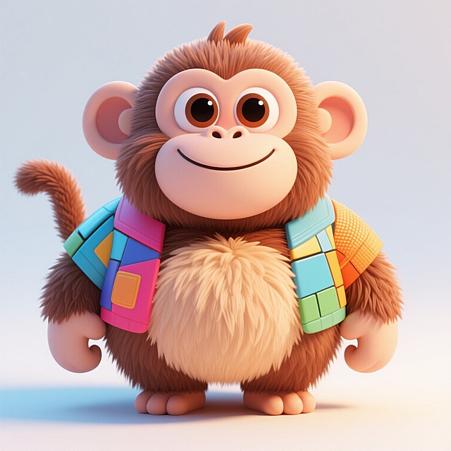 一只3D卡通风格的猴子，圆滚滚的身体，大大的眼睛，微笑的表情，毛发质感柔和，穿着鲜艳的小衣服，背景简洁明亮