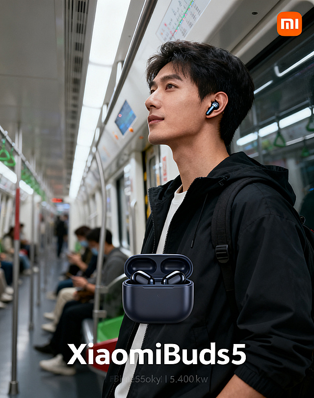 场景化体验图，年轻人地铁通勤场景，佩戴XiaomiBuds5蓝牙耳机，真实自然，简洁大气科技感，符合小米品牌调性，750px宽，高不超过1000px，高清