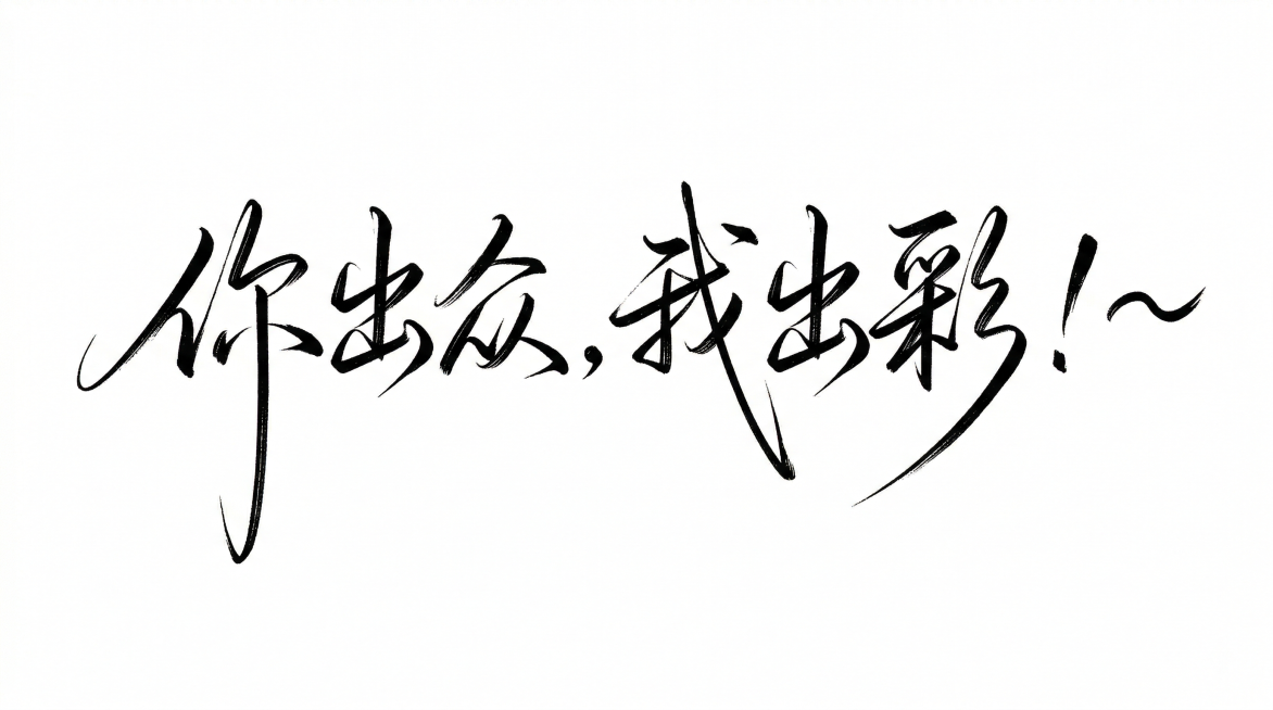 按照参考图中书法字体的笔划风格，设计文字「你出众，我出彩！~」，夸张连笔，钢笔质感，黑白配色，纯白背景预览效果