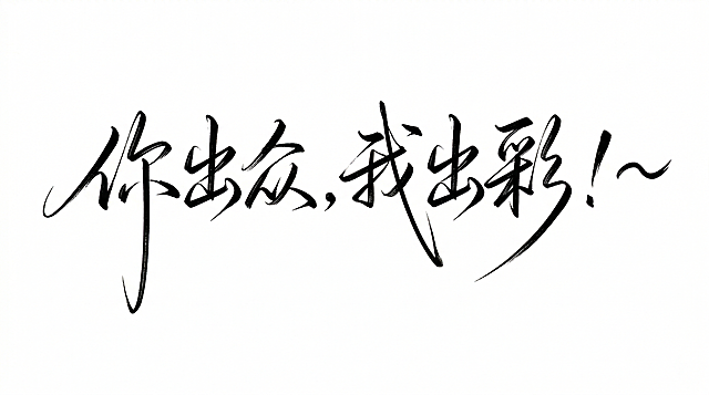 按照参考图中书法字体的笔划风格，设计文字「你出众，我出彩！~」，夸张连笔，钢笔质感，黑白配色，纯白背景