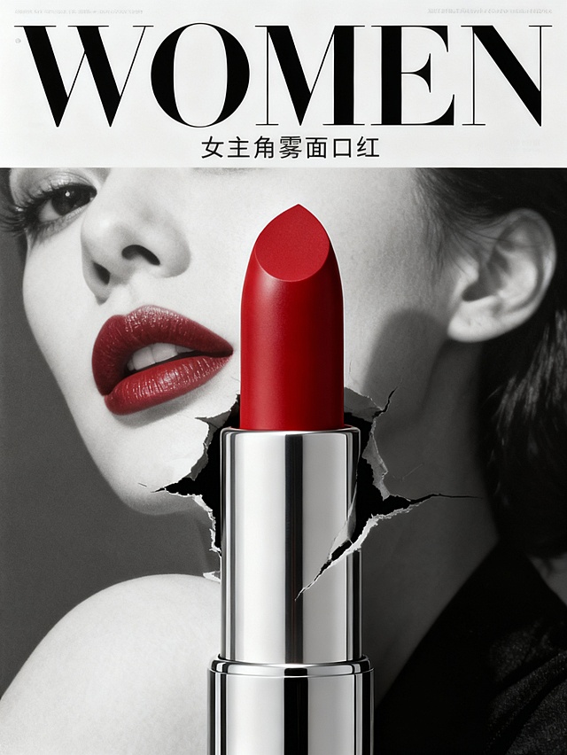 杂志风封面设计，撕纸效果突出金属质感口红，黑白对比强化时尚与奢华，演绎优雅女主魅力。