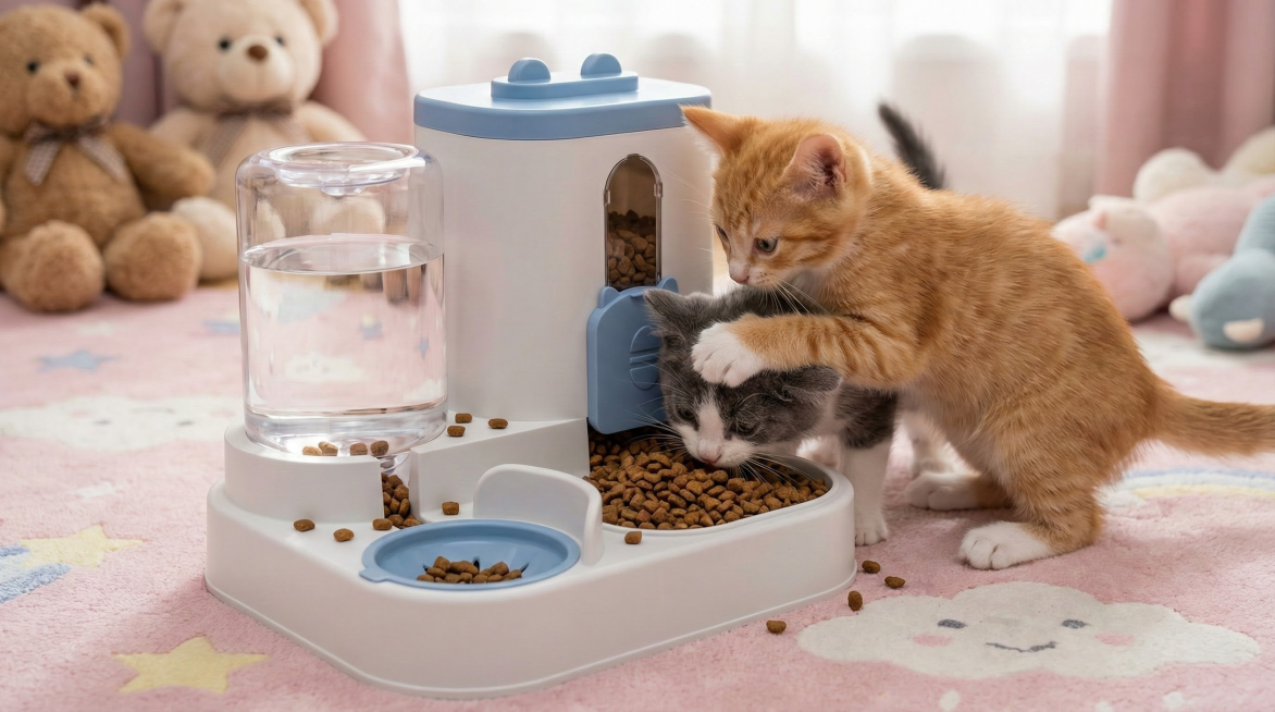 以图中的猫咪喂食喂水器为元素,猫猫在吃饭喝水,物体主体特征不变,设计6张跟猫咪喂食喂水器有关的图,比例 「16:9」预览效果