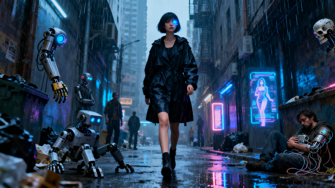 赛博朋克风格，末世都市，孤独感，短发女性，左眼是泛着冷蓝微光的机械义眼，身穿黑色防风风衣，独自沉稳地走在雨巷中。背景是高楼夹缝里的底层街巷，潮湿的金属路面倒映着霓虹光带，街边站着有着机械手臂、发光眼瞳预览效果