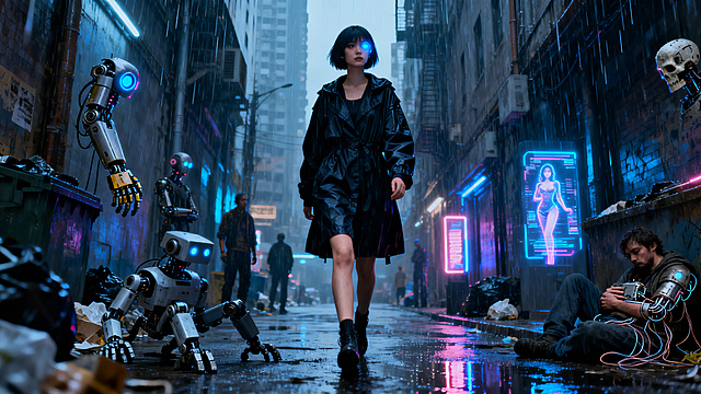 赛博朋克风格，末世都市，孤独感，短发女性，左眼是泛着冷蓝微光的机械义眼，身穿黑色防风风衣，独自沉稳地走在雨巷中。背景是高楼夹缝里的底层街巷，潮湿的金属路面倒映着霓虹光带，街边站着有着机械手臂、发光眼瞳、半机械头颅的义体改造人，垃圾机器人在路面缓慢爬行，街角有全息妓女的投影在闪烁，流浪汉抱着破旧神经接驳器昏睡