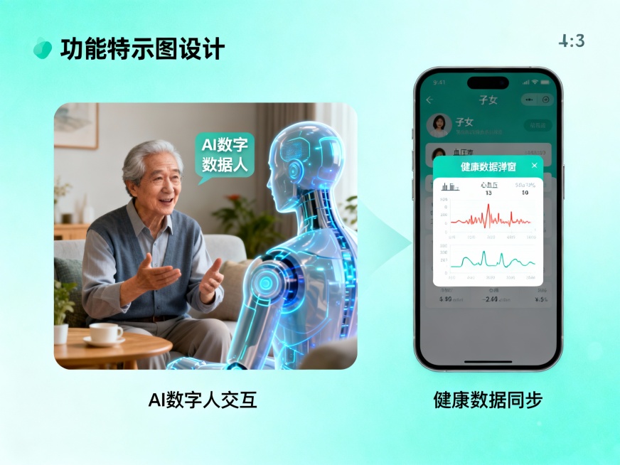 页面 1：封面（开篇吸睛，传递温暖）​ ​ ​ ​ 背景色：渐变暖橙（#FFE8D6 到 #FFDBA9），模拟夕阳余晖的柔和感​ 标题：【加粗 + 阴影】AI + 社区银发智能陪伴站（字号 32预览效果