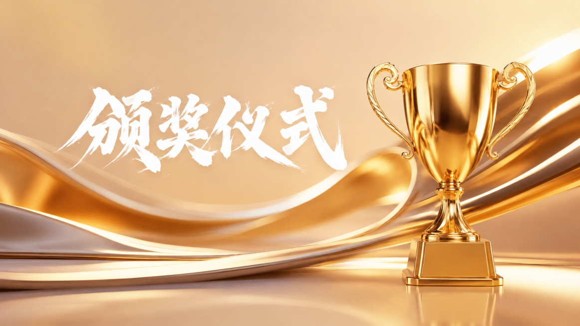 参考图片整体风格，画面保留金色渐变丝绸流动背景，将右侧螺旋形奖杯改为冠军奖杯，将图中的白色文字修改为“颁奖仪式”，保持整体金色高端质感，书法字体风格不变预览效果