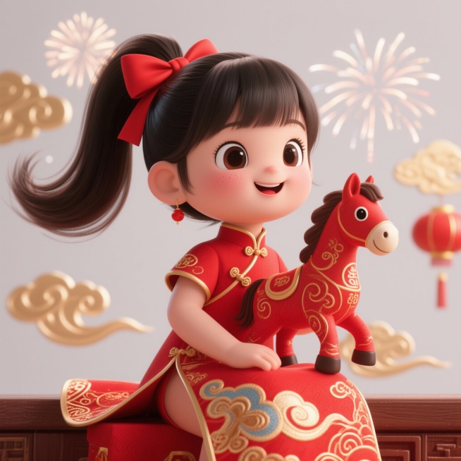 C4D 建模风格，2026 新年恭贺主题 IP 形象，可爱元气的高马尾小女孩，齐刘海   高扎红色丝带蝴蝶结马尾，灵动杏眼笑眼弯弯，脸颊带喜庆红晕，身穿喜庆正红色国风新中式连衣裙，衣摆点缀金色祥云纹样预览效果