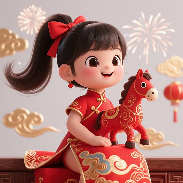 C4D 建模风格，2026 新年恭贺主题 IP 形象，可爱元气的高马尾小女孩，齐刘海   高扎红色丝带蝴蝶结马尾，灵动杏眼笑眼弯弯，脸颊带喜庆红晕，身穿喜庆正红色国风新中式连衣裙，衣摆点缀金色祥云纹样与马纹刺绣，融合生肖马元素 —— 女孩肩头趴伏一只萌态卡通小马，小马通体赤红配鎏金纹路，与女孩造型呼应，整体造型圆润饱满，3D 立体质感，光影通透柔和，金属质感与布艺质感细腻，新年喜庆氛围拉满，色彩以大红   鎏金为主色调，背景点缀浅金祥云与新年烟花，构图居中，高清 8K，细节拉满，IP 形象商用级设计，简洁干净背景，萌系治愈风格