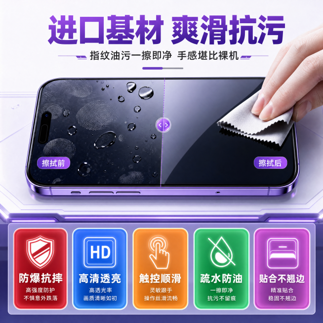 [主图-4] 进口基材五大防护卖点展示，保持紫金色整体科技风格与原产品设计统一，1:1版式，突出抗污爽滑特性。[氛围风格] 数码配件功能展示，科技简约风格；[画质] 商业电商摄影，清晰真实，质感高级。预览效果